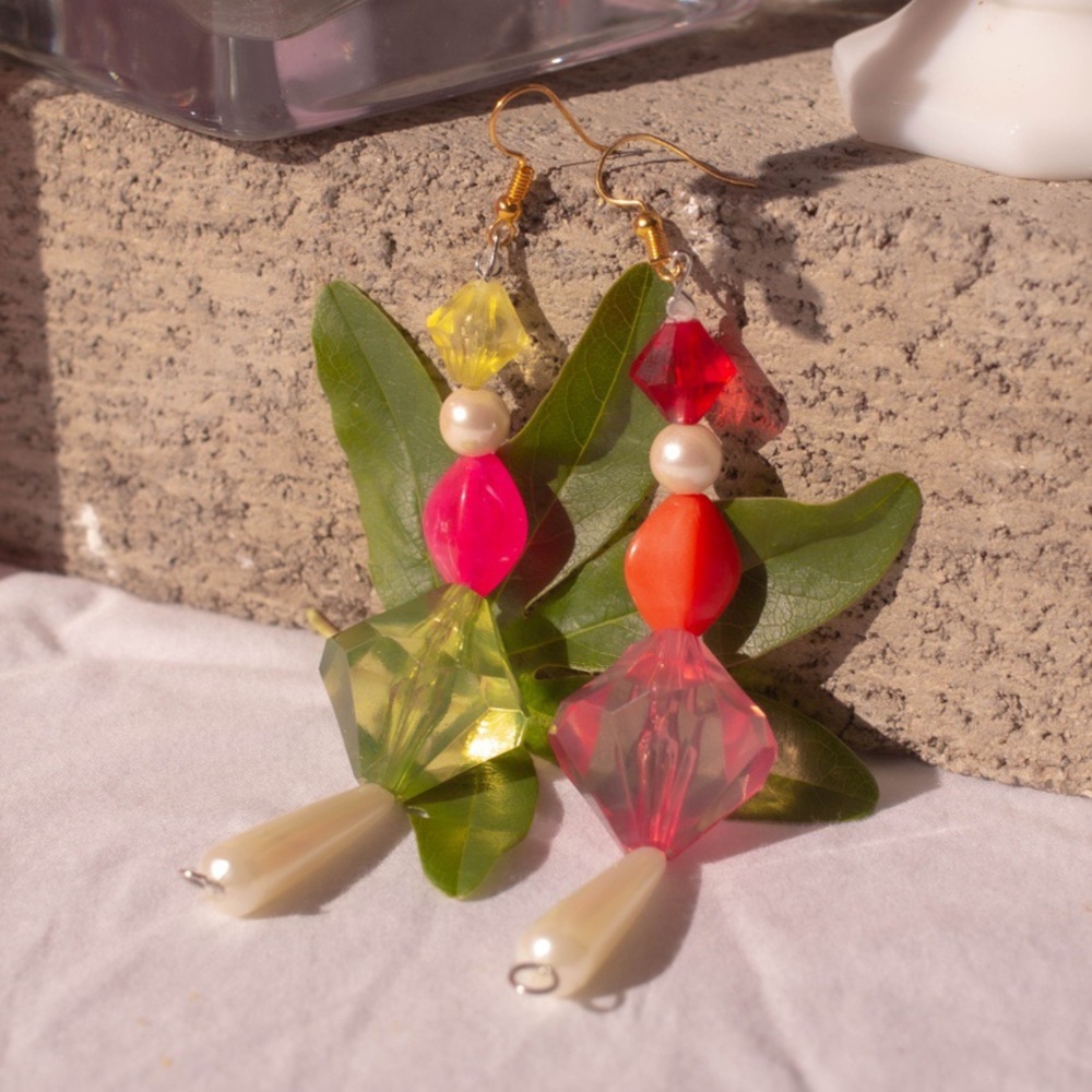 Pearl Jewel Statement Earrings (Pink/Green Mix)